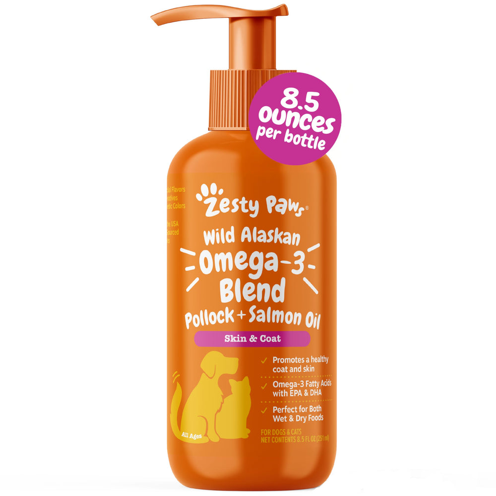 Zesty Paws Omega3 Alaska Saumon en bouteille — pelage brillant et peau saine.