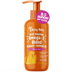 Zesty Paws Omega3 Alaska Saumon en bouteille — pelage brillant et peau saine.