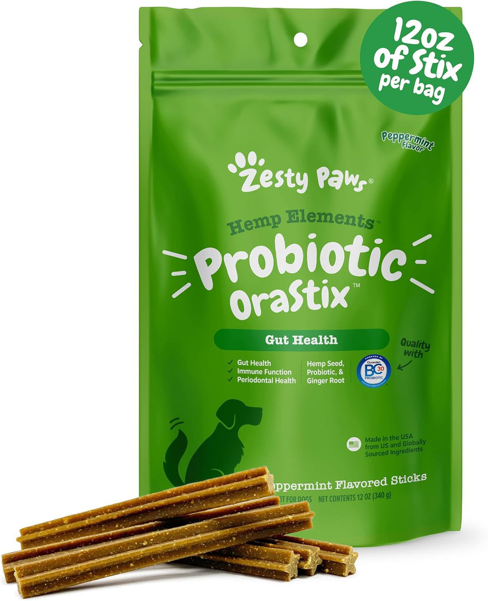 OraStix de Zesty Paws, baton probiotique avec DE111, favorise l'équilibre du microbiote intestinal.