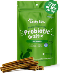 OraStix de Zesty Paws, baton probiotique avec DE111, favorise l'équilibre du microbiote intestinal.