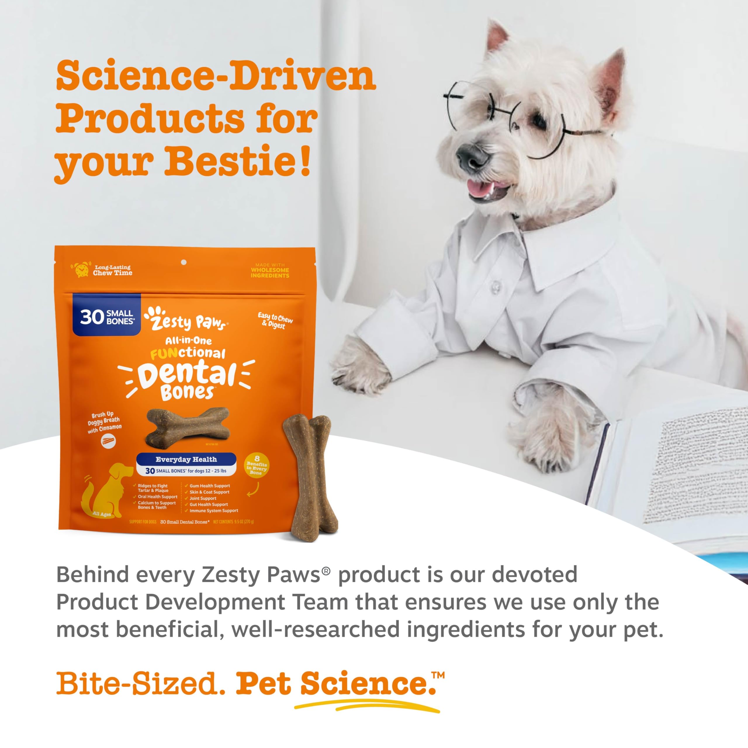 Zesty Paws os dentaires – soutien digestion et immunité grâce à Omega-3 et Inuline.
