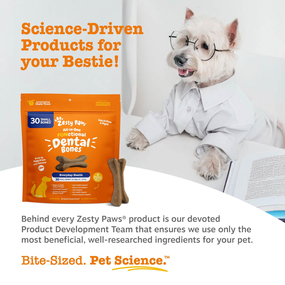 Zesty Paws os dentaires – soutien digestion et immunité grâce à Omega-3 et Inuline.