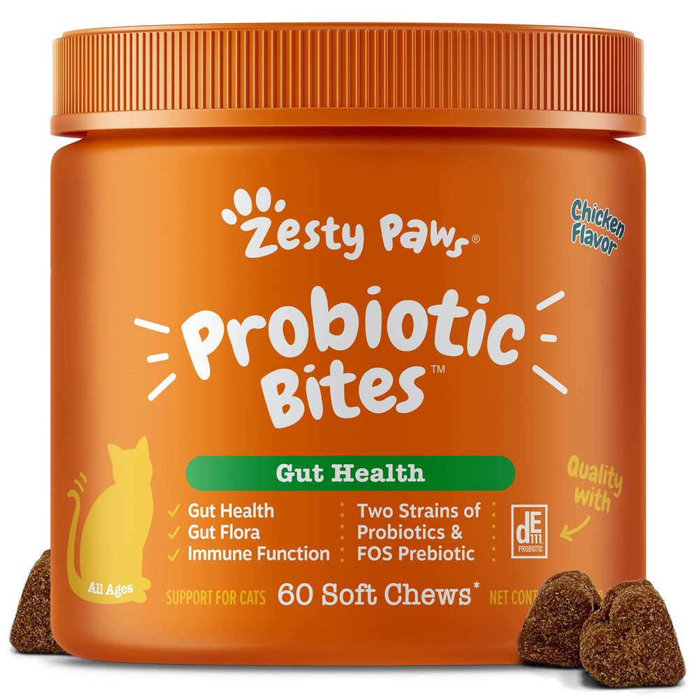 Zesty Paws Probiotic Bites pour chat – bouchées appétentes soutenant la digestion et l’immunité.
