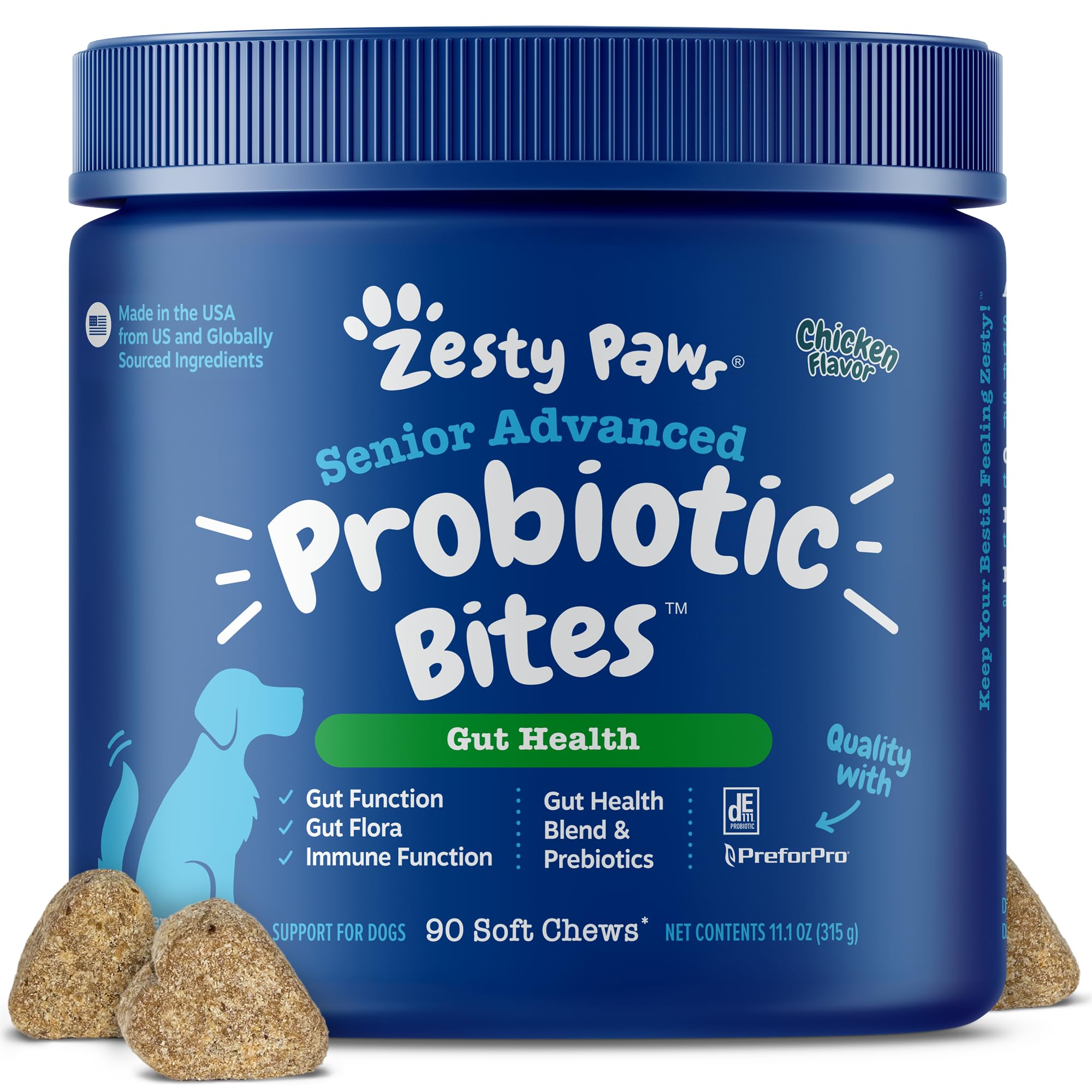 Zesty Paws Probiotiques chien flacon – soutien digestif et flore équilibrée.
