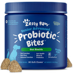 Zesty Paws Probiotiques chien flacon – soutien digestif et flore équilibrée.