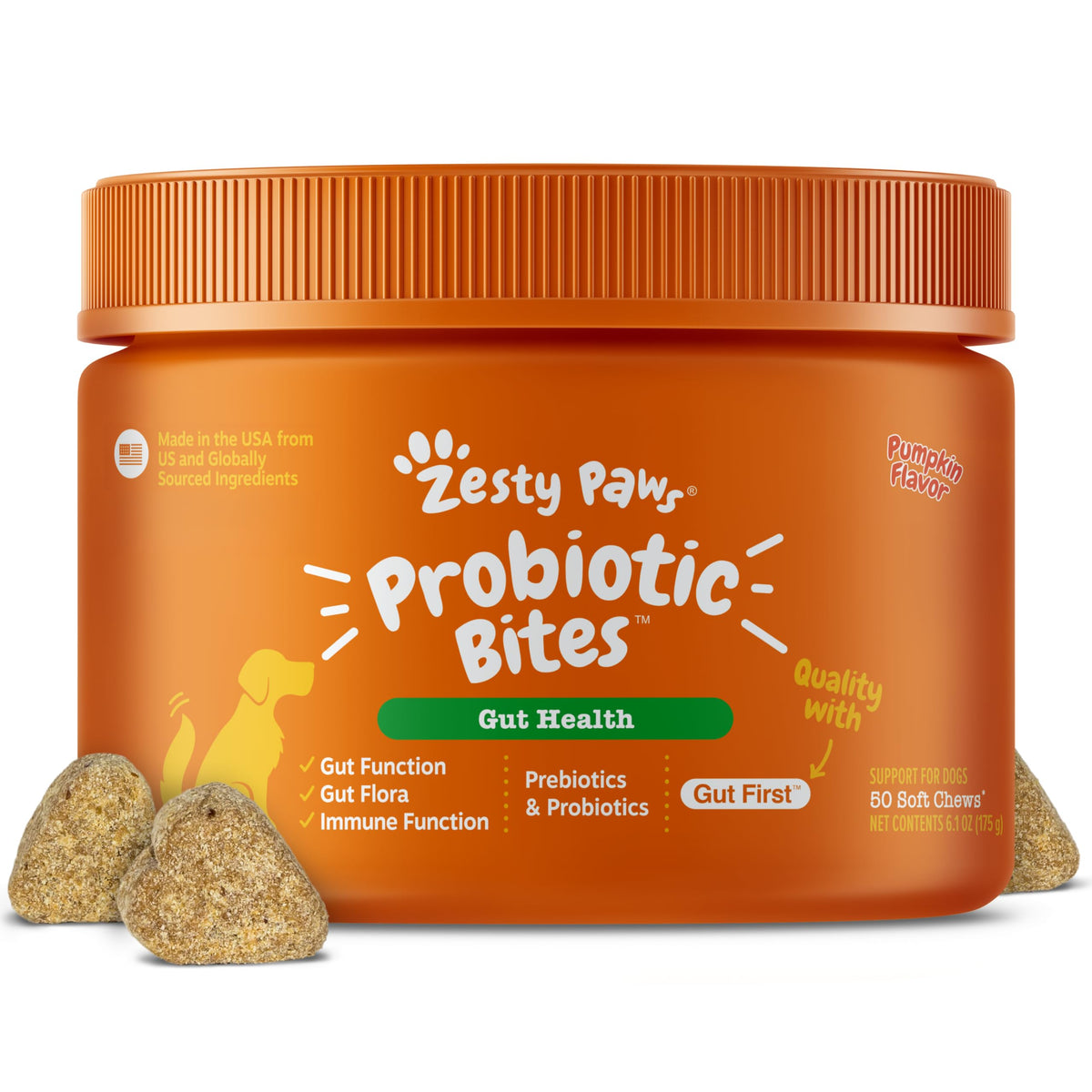 Zesty Paws Probiotiques chien: friandises digestives favorisent l'équilibre intestinal.