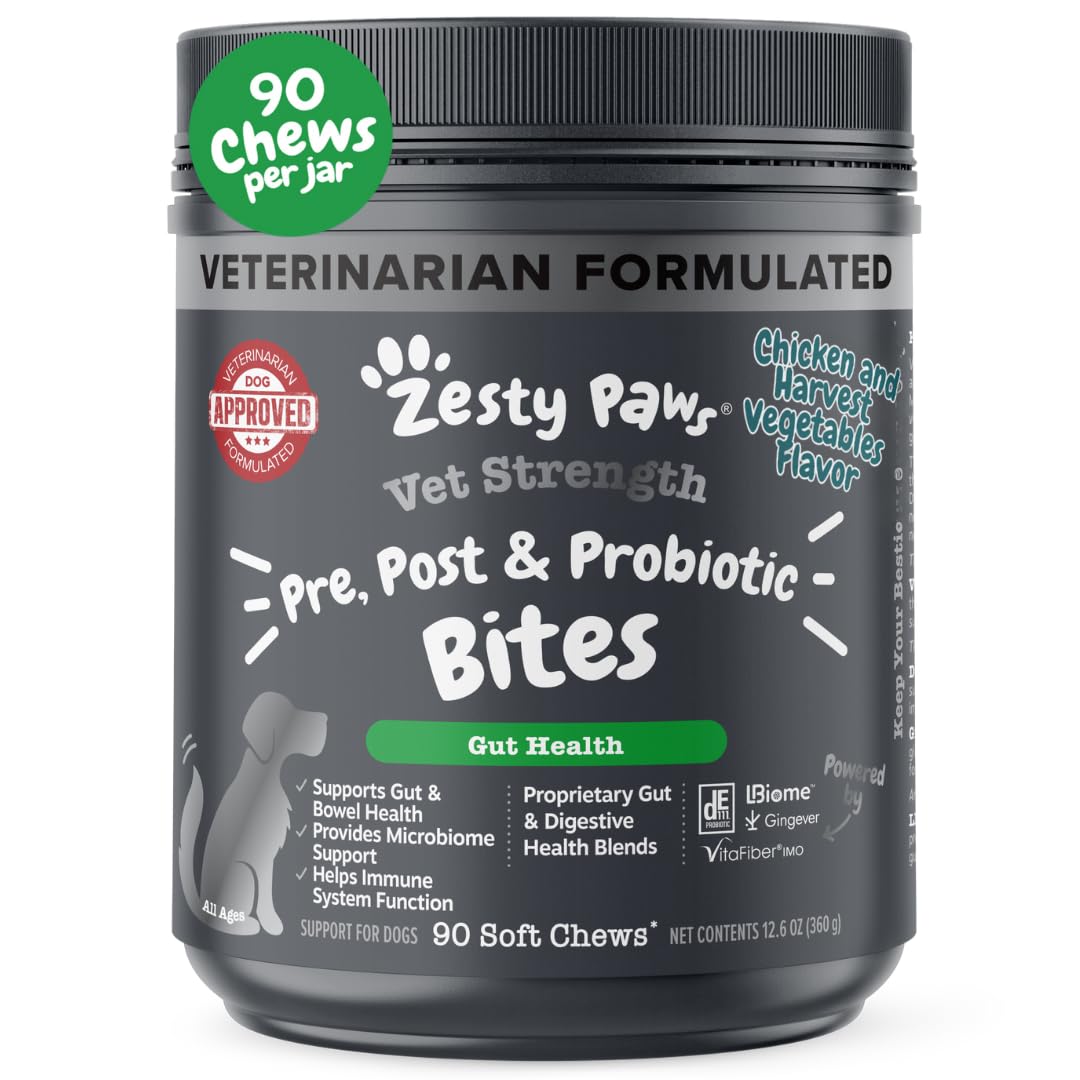 Zesty Paws Vet Strength Probiotics – bouteille montrant le complément pour chiens, support digestif possible.