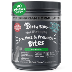 Zesty Paws Vet Strength Probiotics – bouteille montrant le complément pour chiens, support digestif possible.