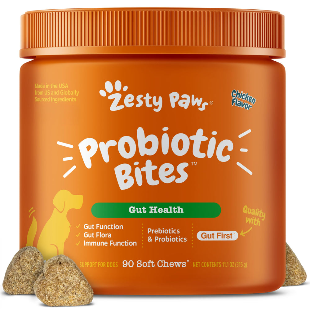 Zesty Paws Probiotiques pour chien — emballage visible, soutien digestif potentiel.
