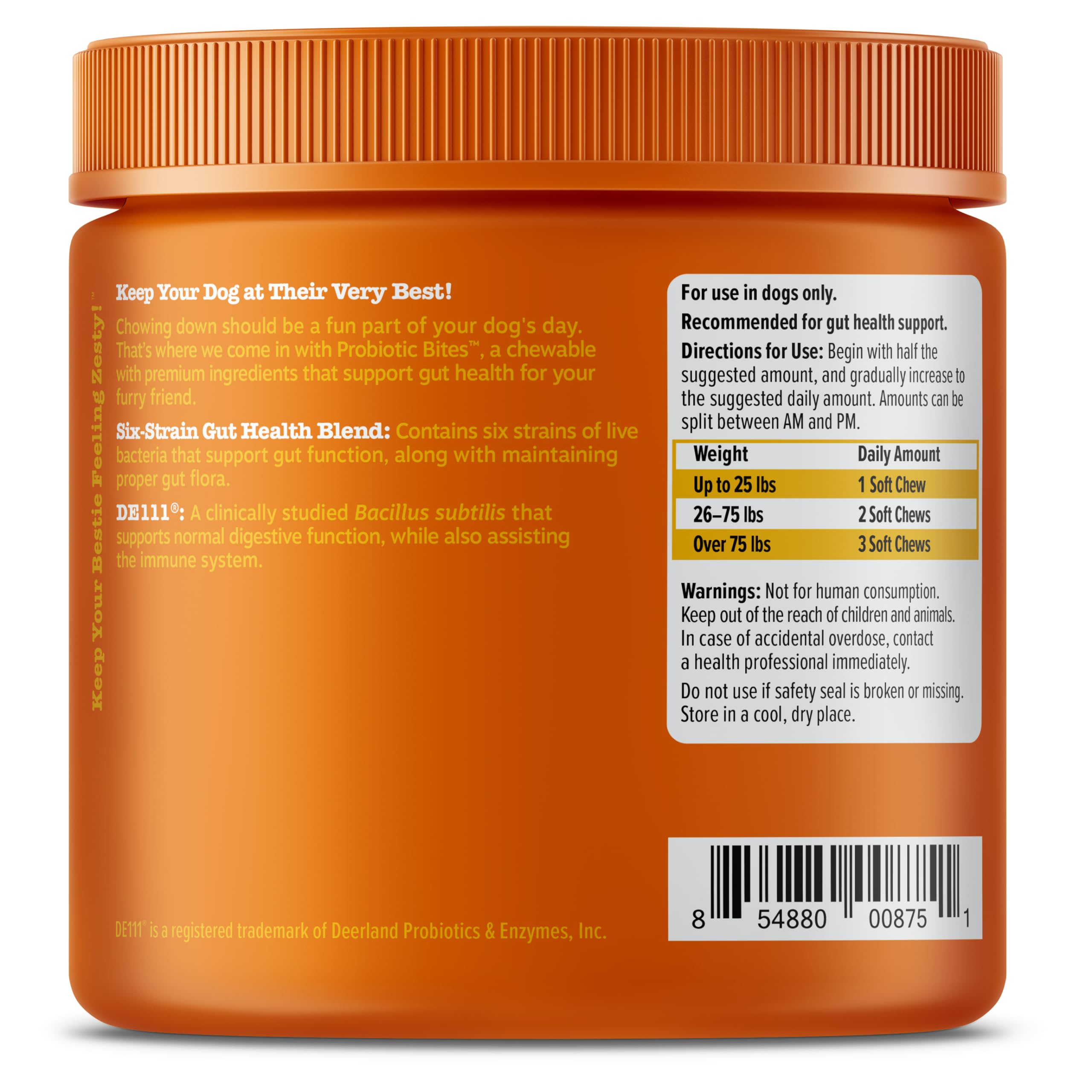Zesty Paws Probiotiques pour chien — étiquette claire et informative.