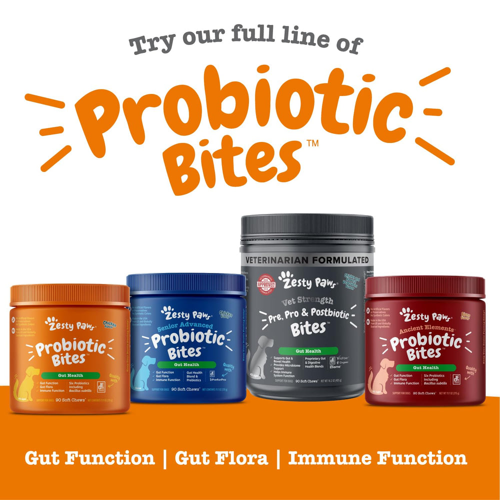 Zesty Paws: étiquette détaillée enzymes et probiotiques.