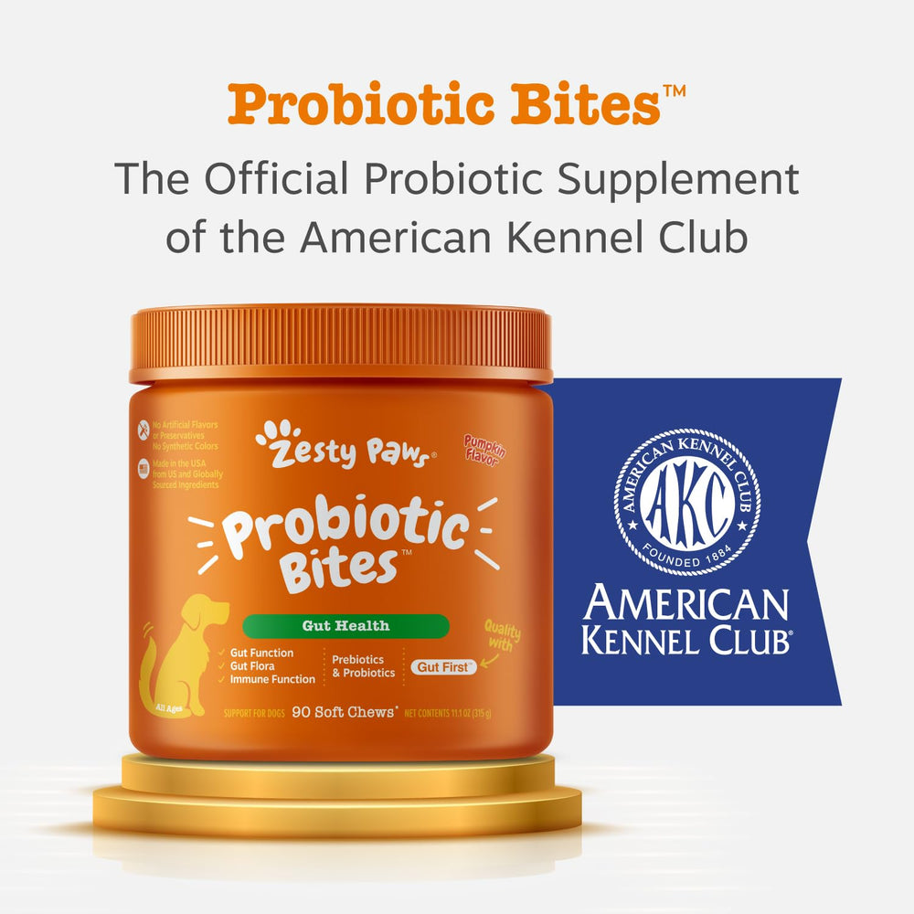 Zesty Paws Probiotiques pour chien — format adapté à toutes tailles et âges.