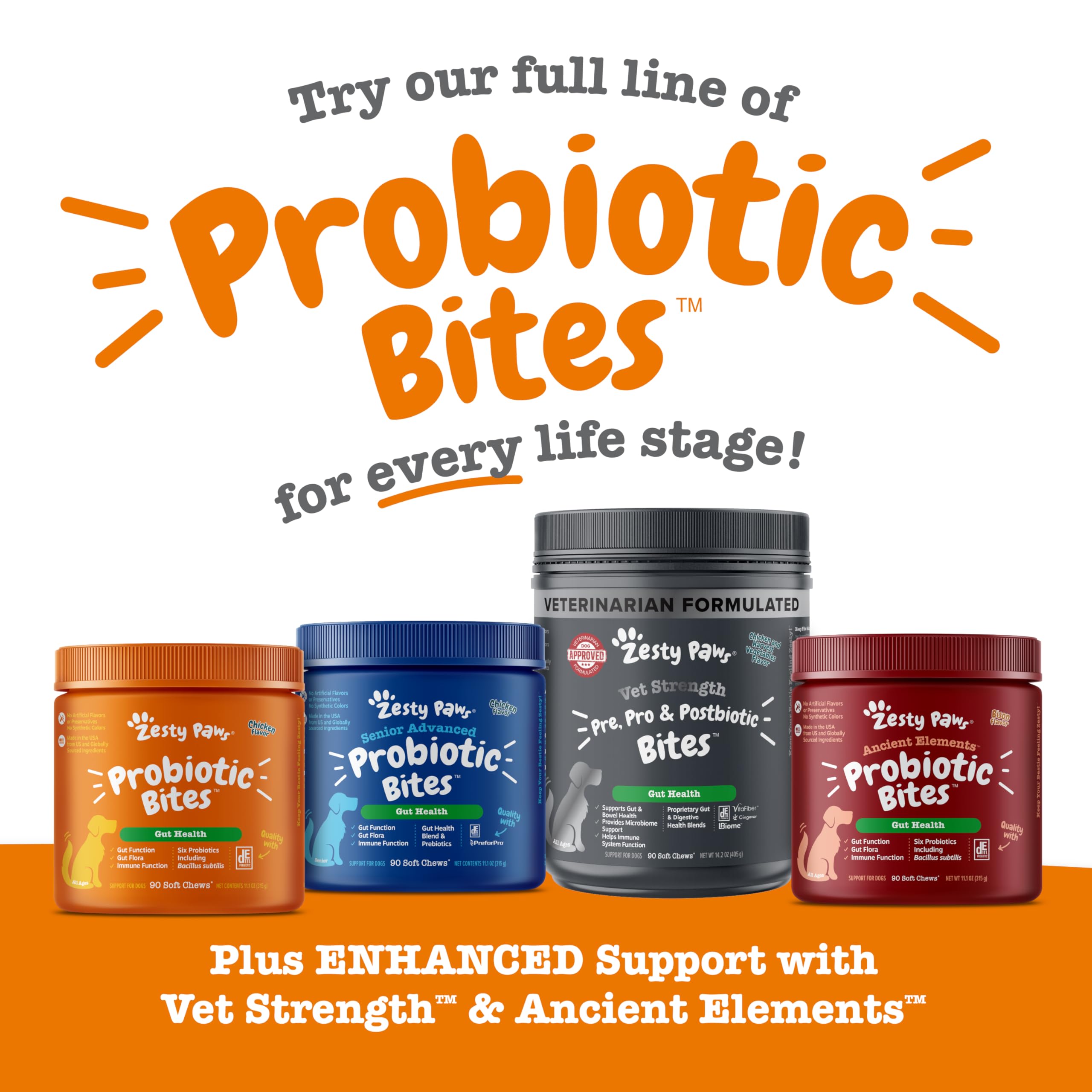 Zesty Paws Probiotiques pour chiens – mélange de six souches probiotiques pour la flore.