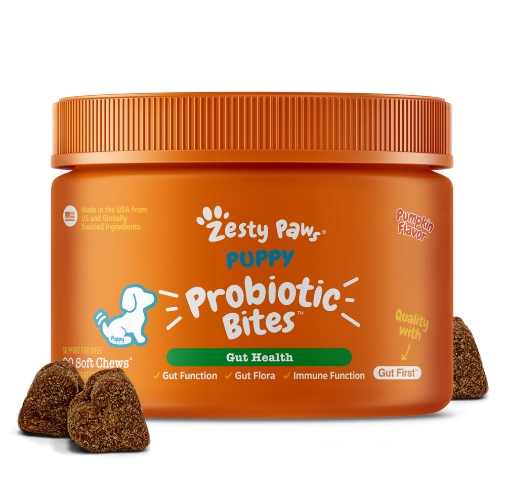 Bouteille Zesty Paws Probiotiques chiots favorisant la digestion et la flore intestinale.