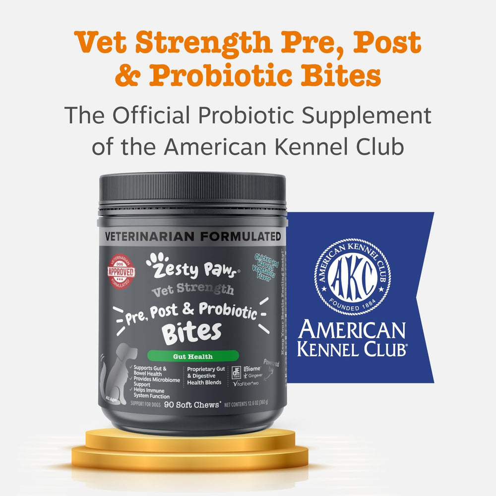 Zesty Paws Vet Strength Probiotics – goût apprécié par les chiens et routine simple.