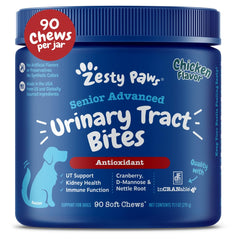 Zesty Paws Senior Cranberry, bouteille prête à l’emploi, soutien potentiel des voies urinaires.