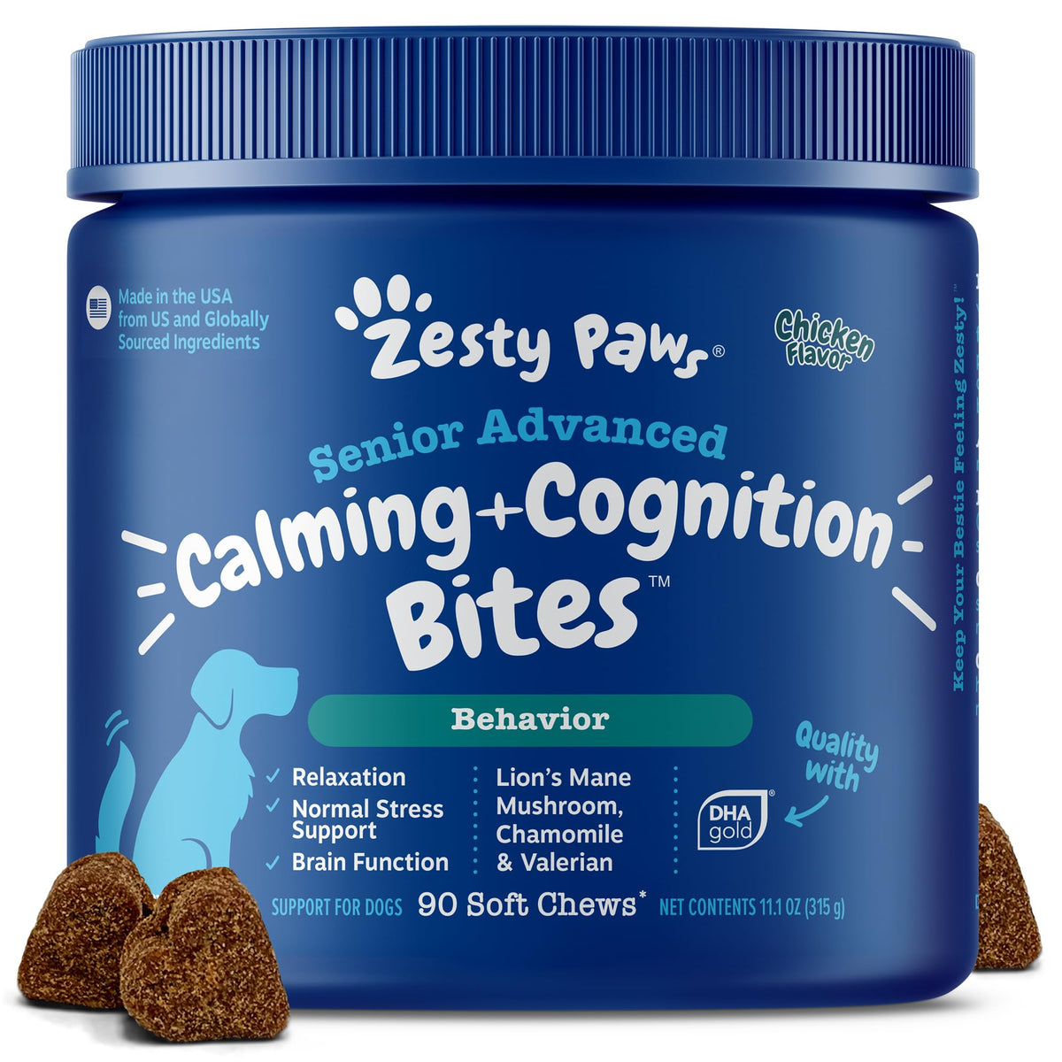 Zesty Paws Senior Calmant et Cognition dans le flacon, pour chien âgé.