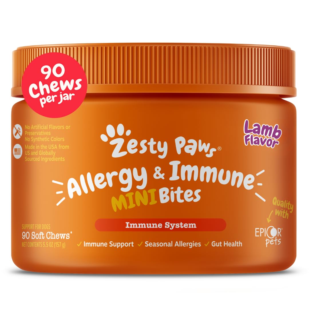 Bouchées Zesty Paws soulagement allergies sur emballage, pratique pour chiens mini.