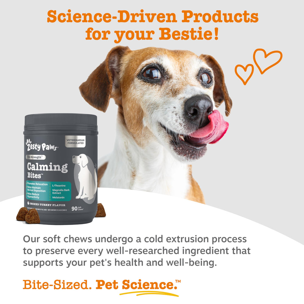 Ingrédients apaisants tels que ashwagandha et camomille dans Zesty Paws Vet Strength.