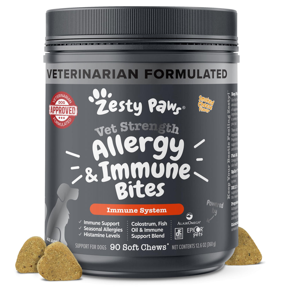 Emballage Zesty Paws Vet Strength Chews — fromage fumé, pratique et attractif.