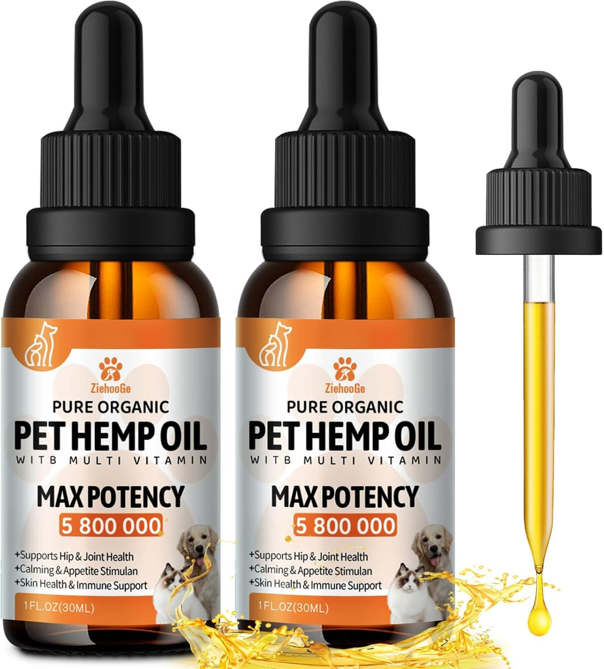 ZiehooGe huile de chanvre pour chiens et chats, flacon-pipette pratique pour une administration facile.