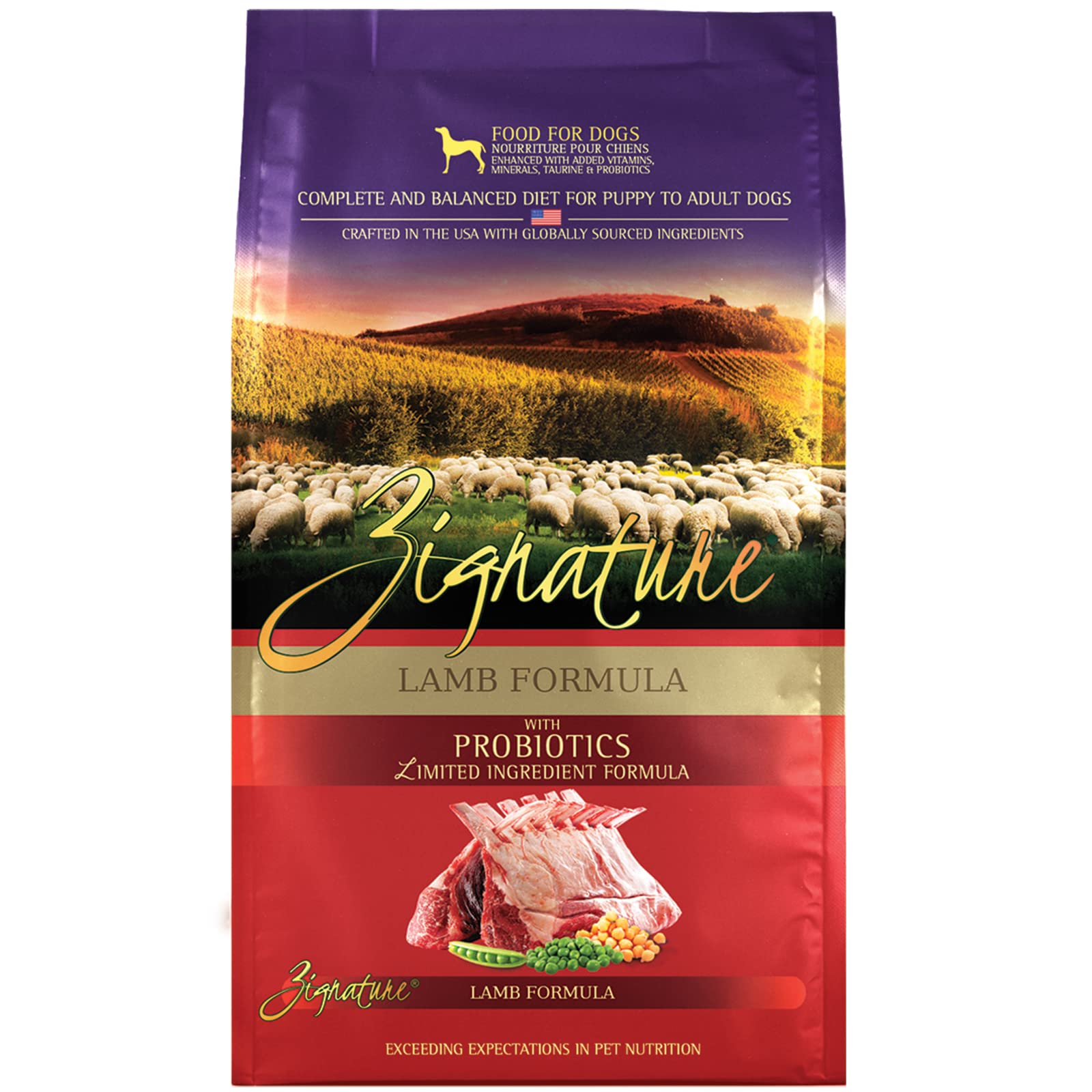 Zignature Agneau Formule Ingrédients Limités, emballage 4lb, pratique à stocker.