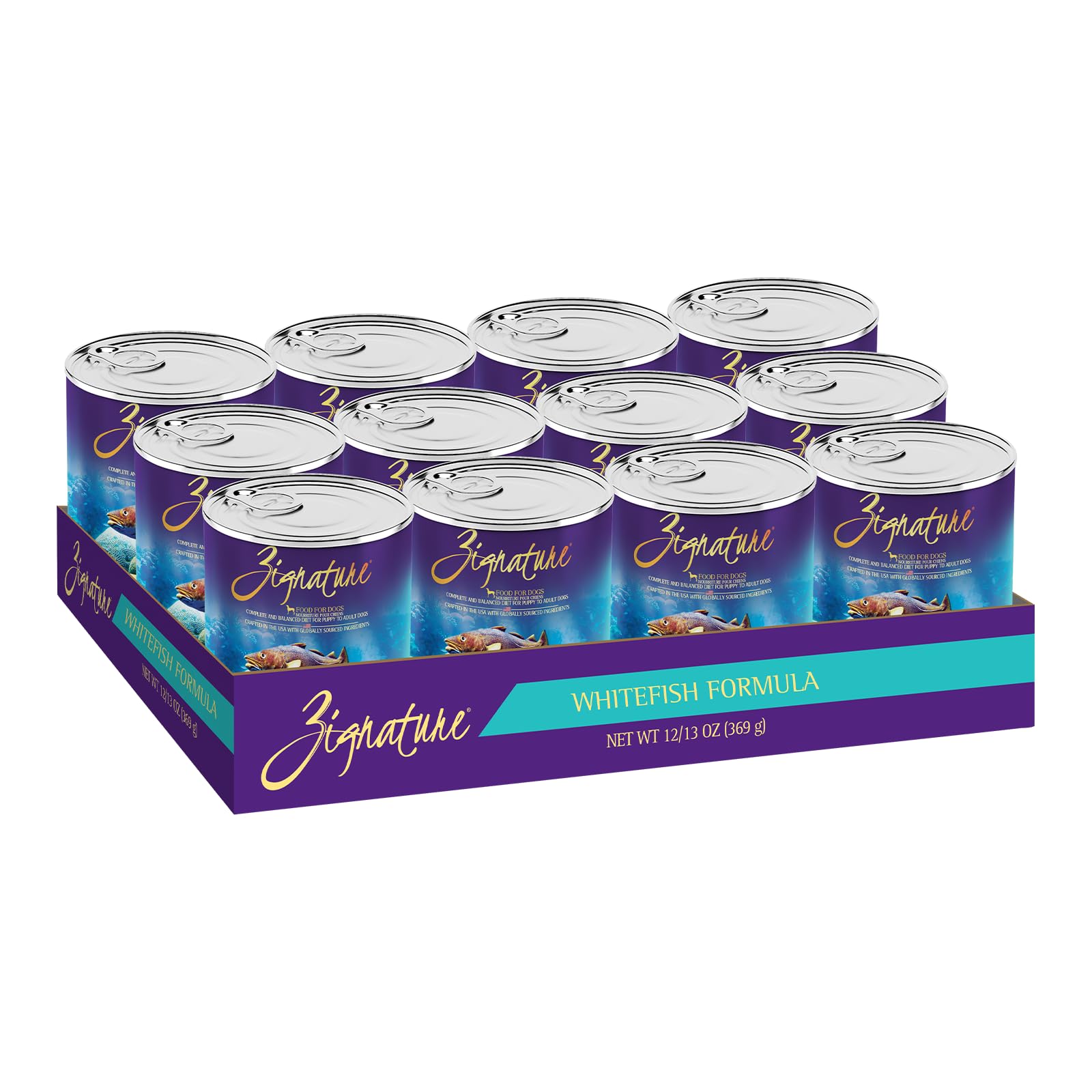 Zignature cabillaud blanc, formule en boîte pour chien, ingrédient principal de qualité et goût appétissant.