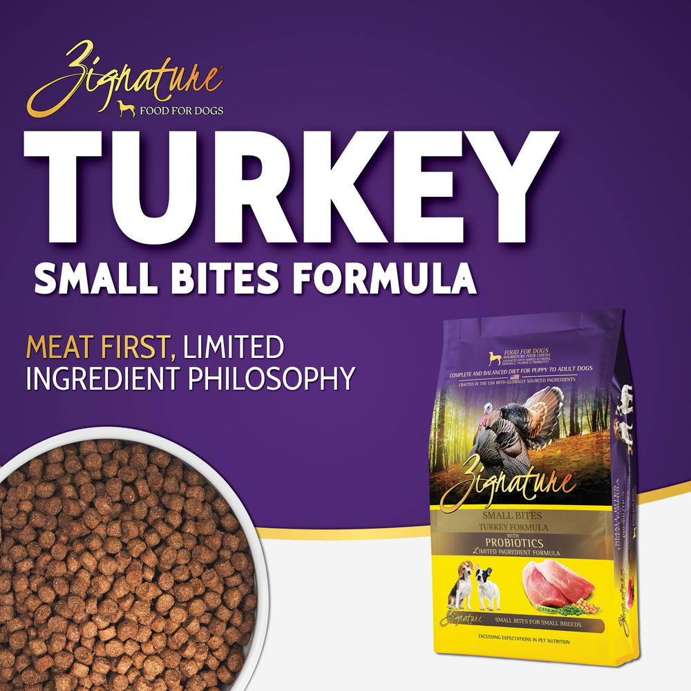Zignature Dinde, croquettes petites adaptées à l’alimentation quotidienne des petits chiens.