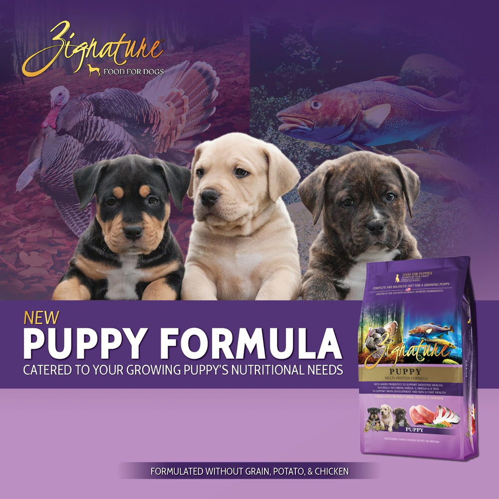 Zignature Formule chiot etiquette-ingrédients: informations claires sur les ingrédients limités.