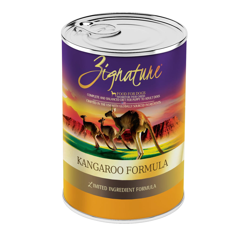 Zignature Kangourou en conserve avec étiquette visible, hydratation potentielle pour chien.
