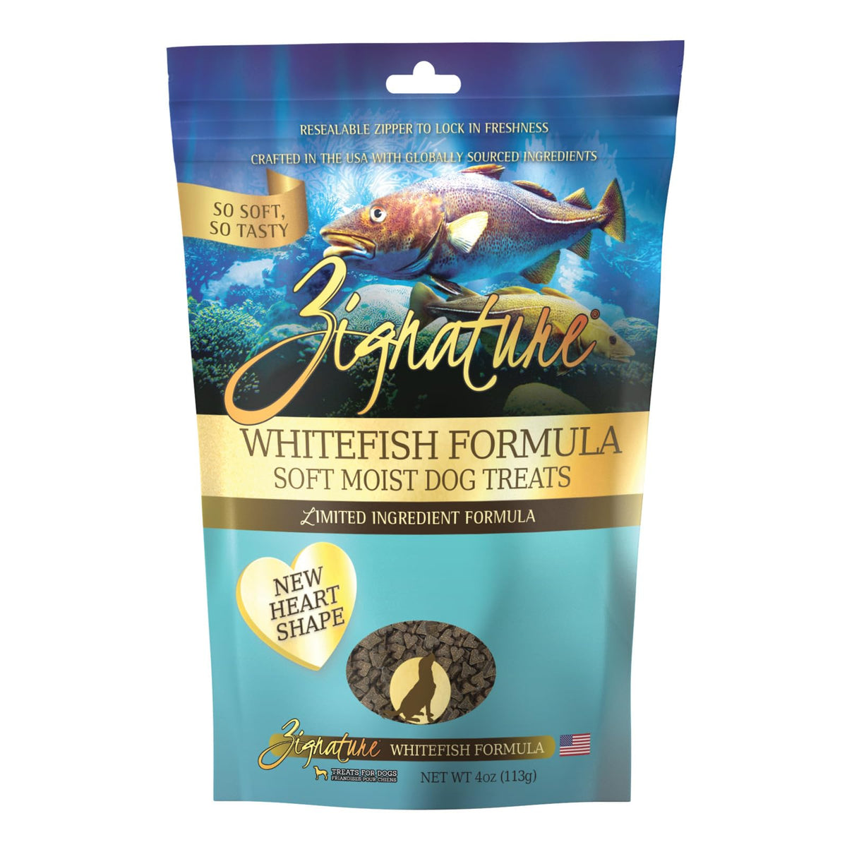 Zignature friandises au poisson blanc, texture tendre pour recompenser votre chien.
