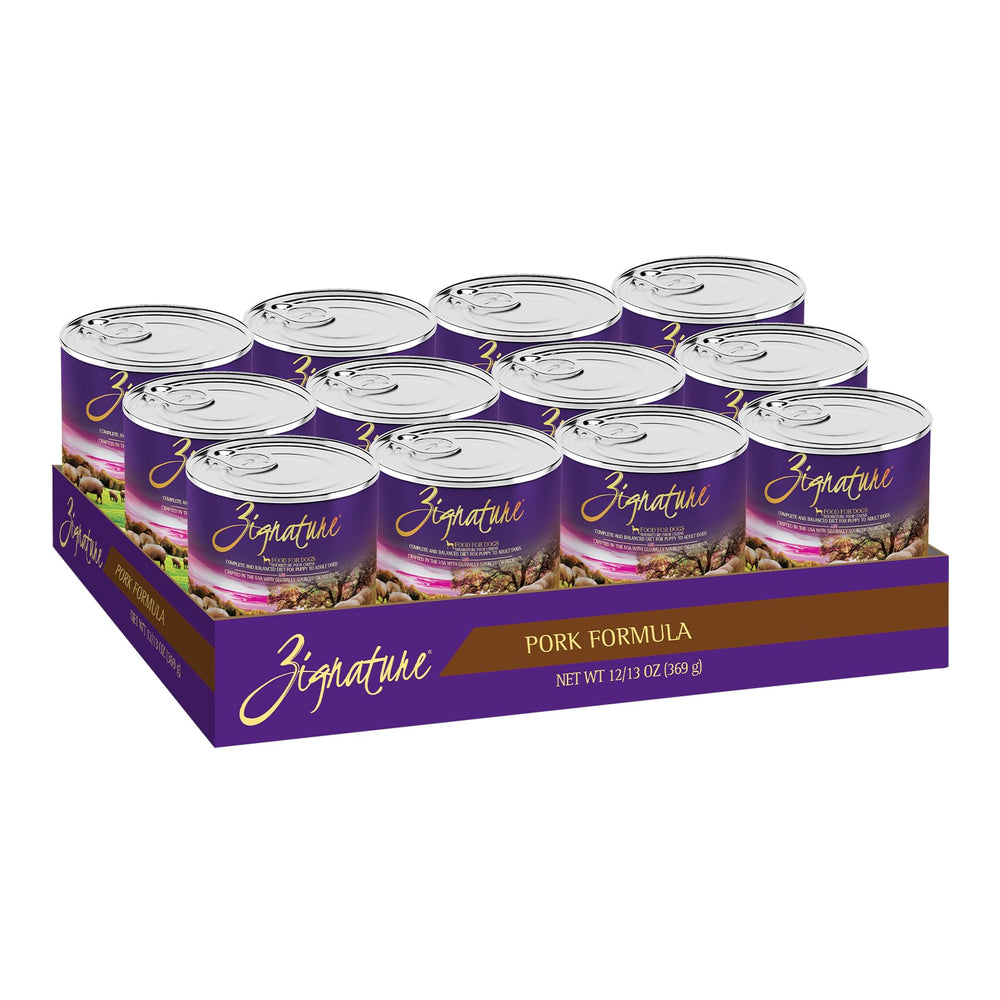 Zignature Porc en boîte 13oz, emballage prêt à nourrir les repas quotidiens.