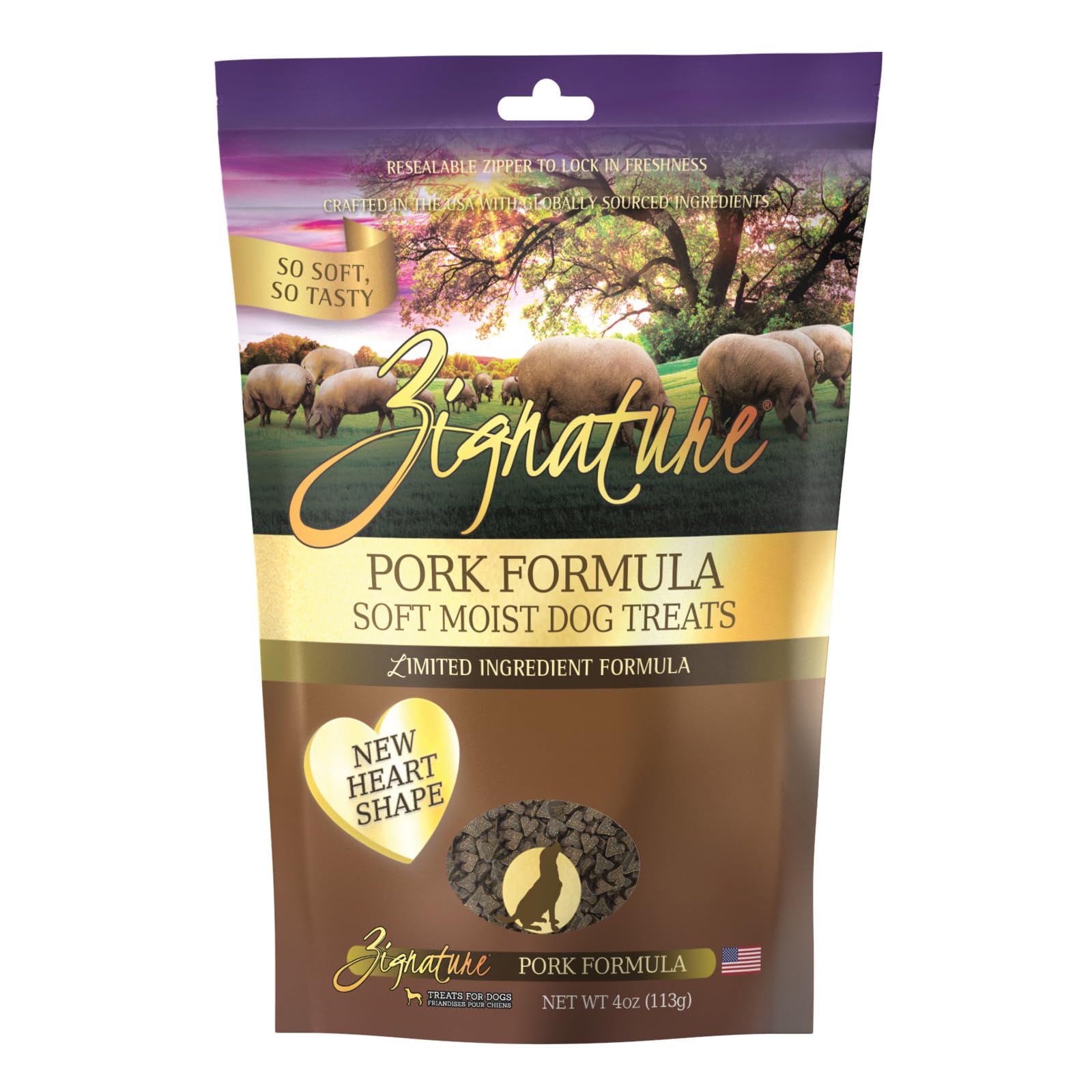 Zignature Porc Soft Moist, emballage visible, récompense pratique pour chiens.