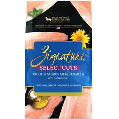 Zignature Select Cuts Lamb Formula emballage, régime à ingrédients limités pour chien.