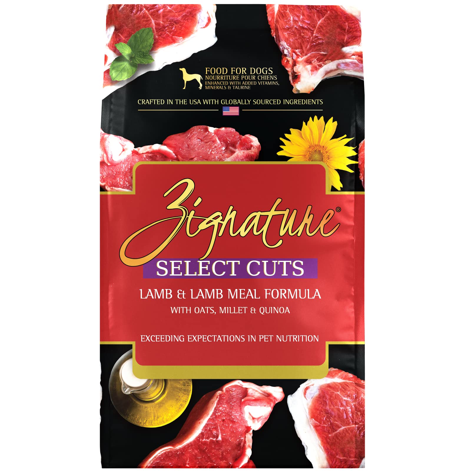 Emballage Zignature Tranches Sélection Agneau 4 lb, prêt à nourrir votre chien.
