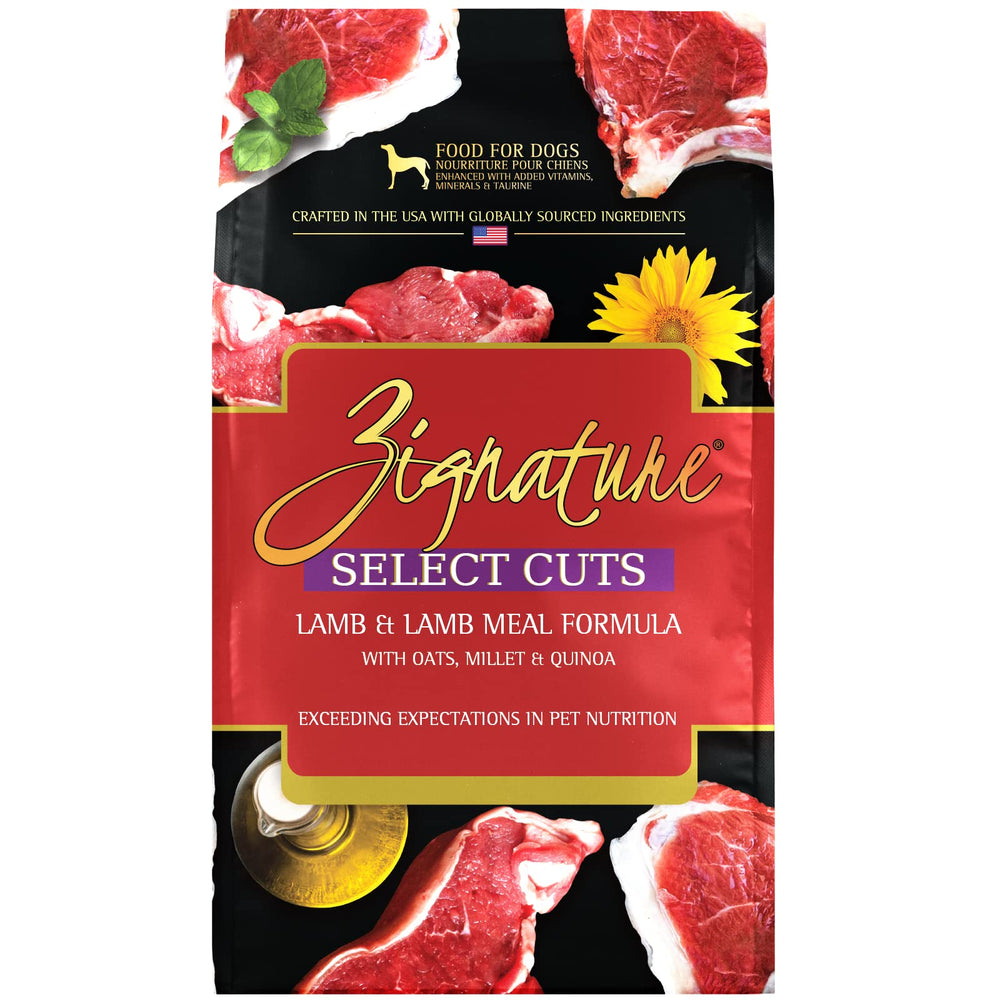Emballage Zignature Tranches Sélection Agneau 4 lb, prêt à nourrir votre chien.