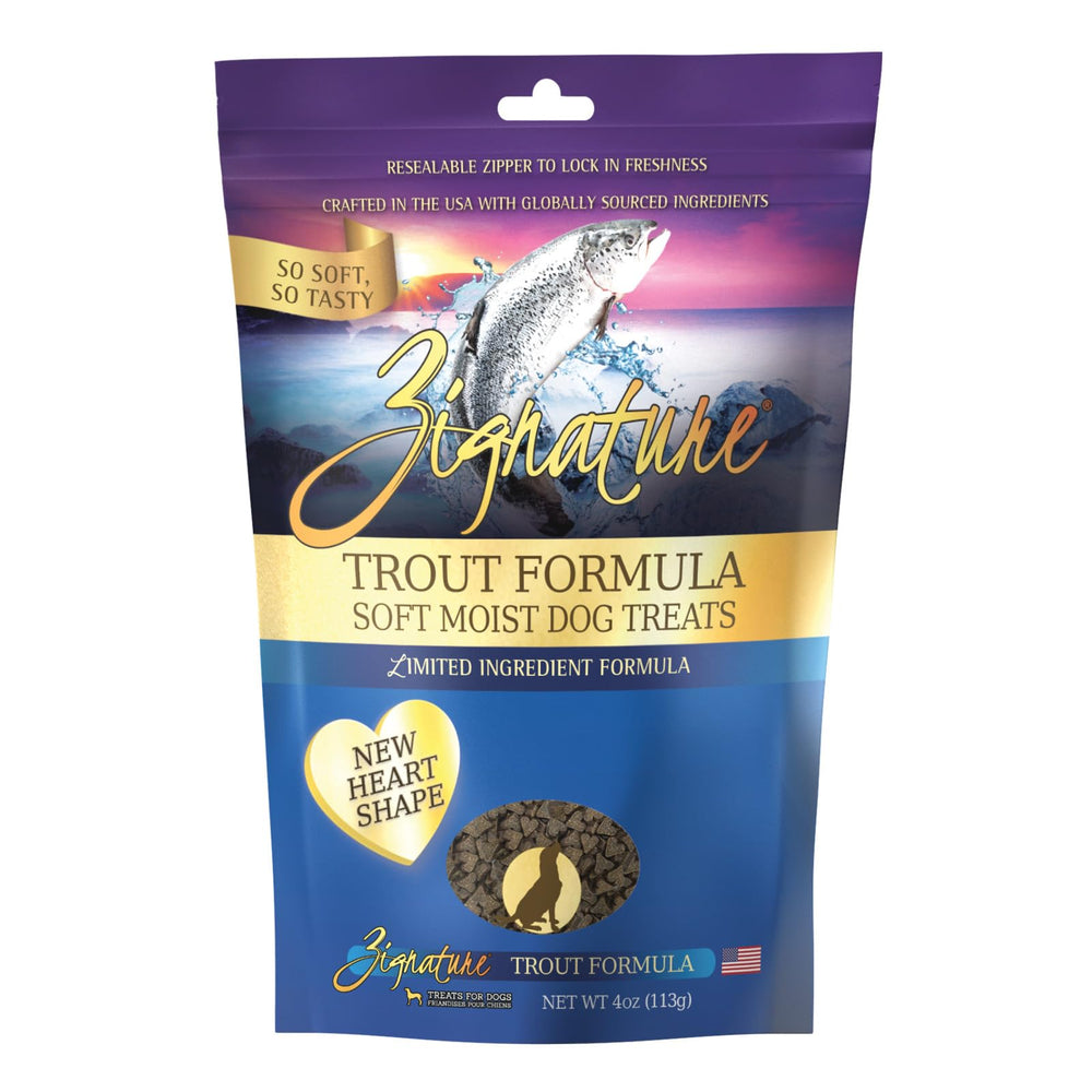 Zignature Truite friandises moelleuses pour chien, goût apprécié et apport protéiné.