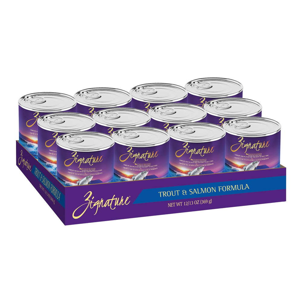 Zignature Truite et Saumon en conserve, boîte ouverte montrant texture humide et appétissante.