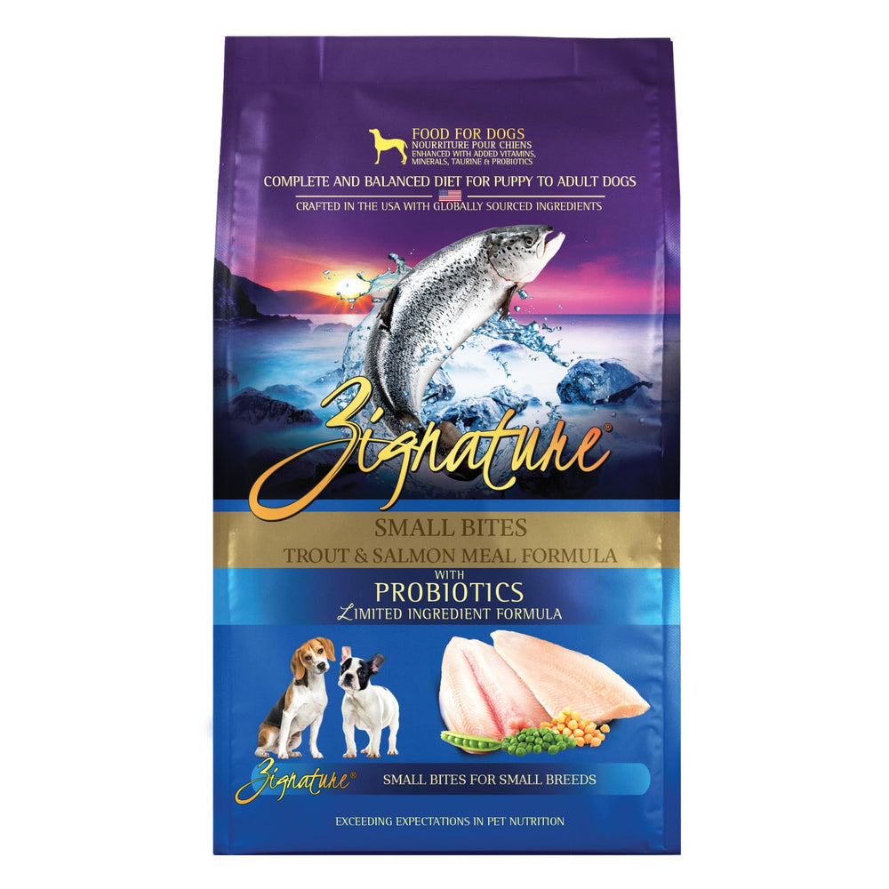 Zignature Truite et Saumon Petites Bouchées : sac de 4 lb, croquettes adaptées aux petites races.