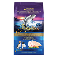 Zignature Truite et Saumon Petites Bouchées : sac de 4 lb, croquettes adaptées aux petites races.