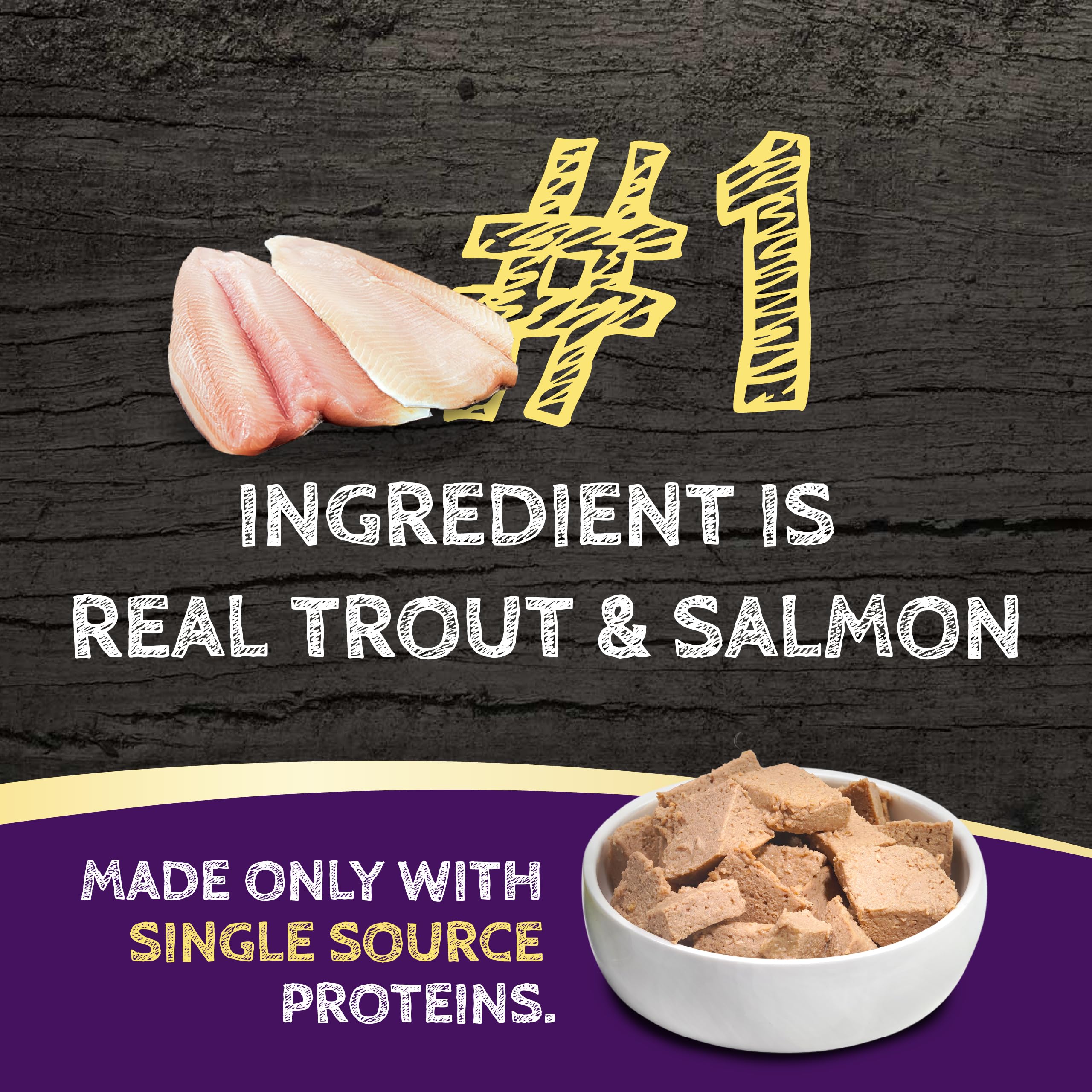 Gros plan sur la texture riche en protéines de Zignature Truite et Saumon.