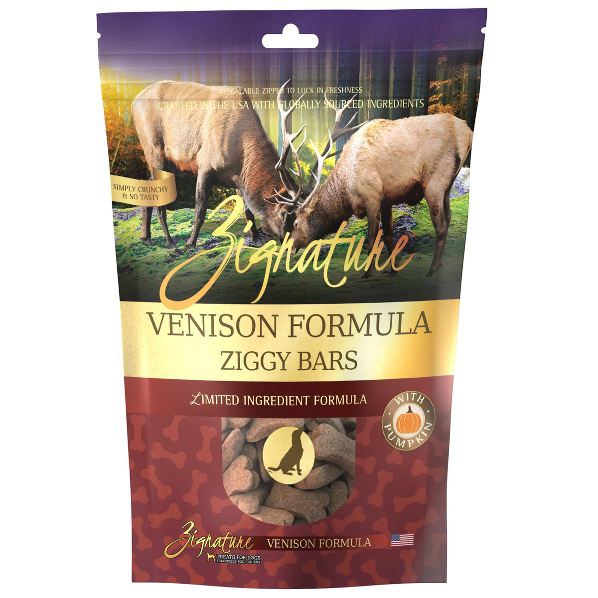 Biscuit Zignature venaison en forme d’os, texture croquante pour l’entraînement.