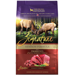 Croquettes Zignature Venison 4lb: formule complète pour chien actif et sensible.