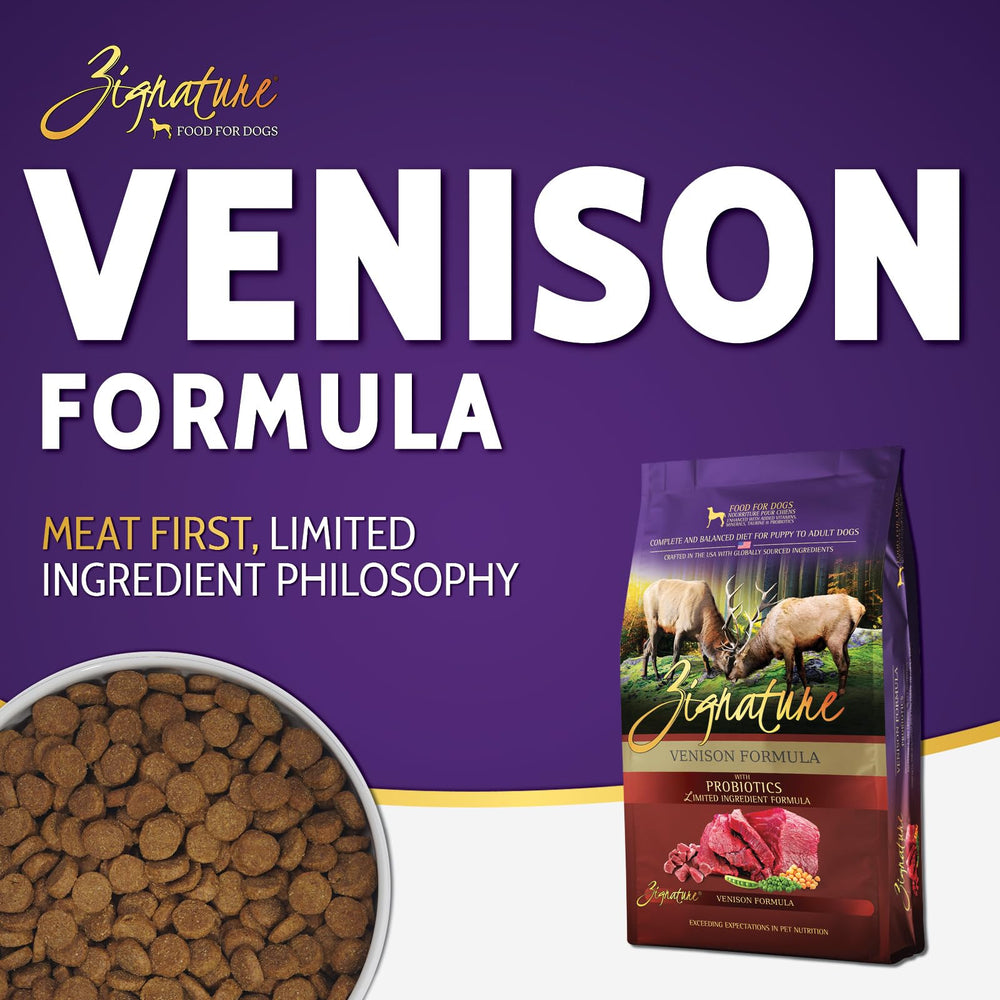 Zignature Venison croquettes – teneur faible en graisses pour énergie durable.