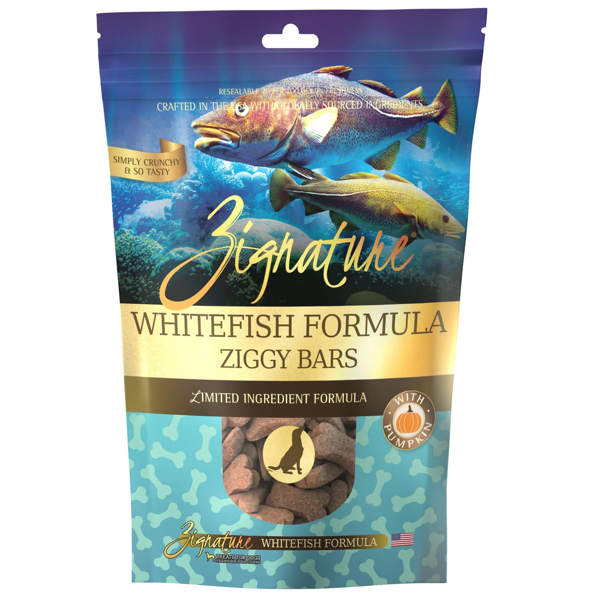 Friandise Zignature Whitefish en forme d'os, idéale pour récompenser lors de l'entraînement.