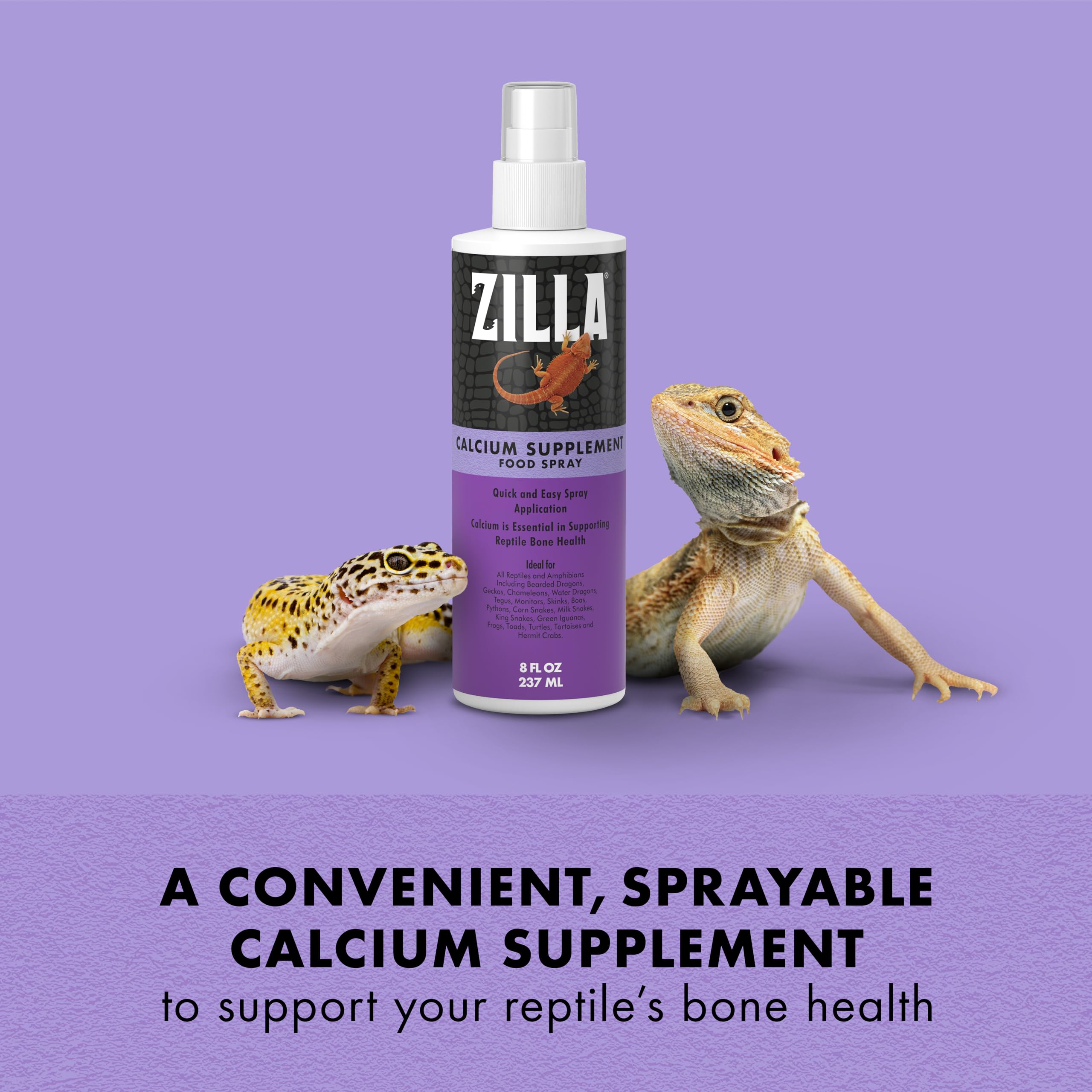 Zilla Calcium Spray sur nourriture, dosage facile avant le repas des reptiles.