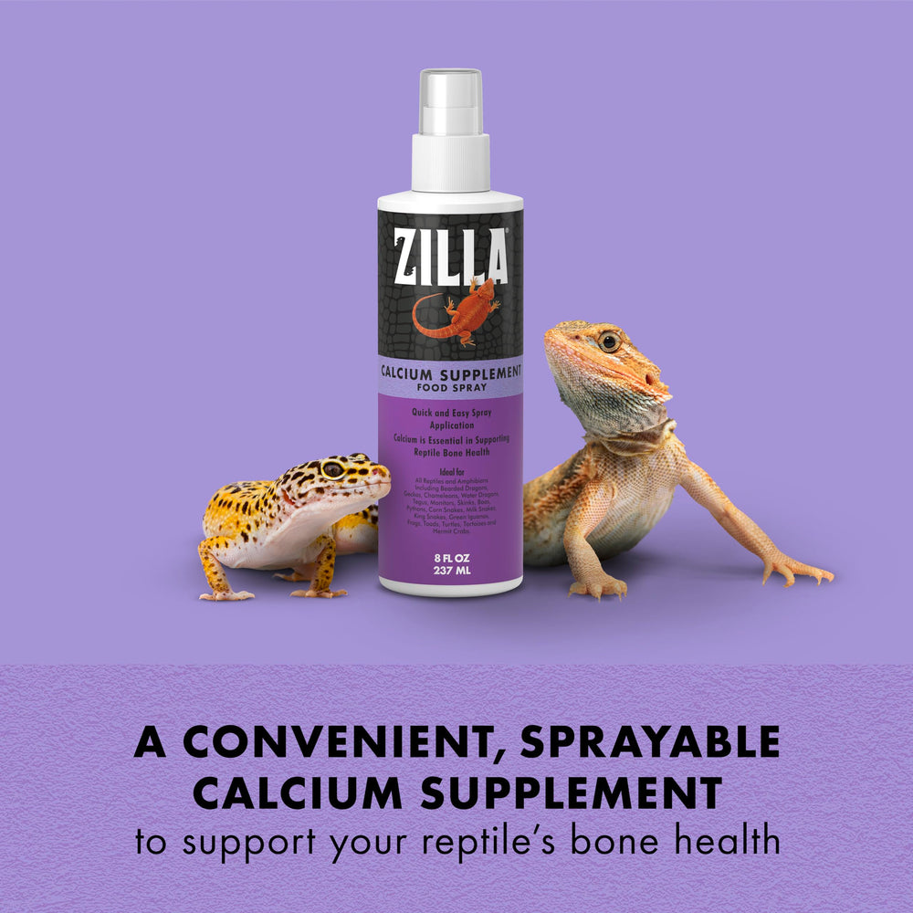 Zilla Calcium Spray sur nourriture, dosage facile avant le repas des reptiles.