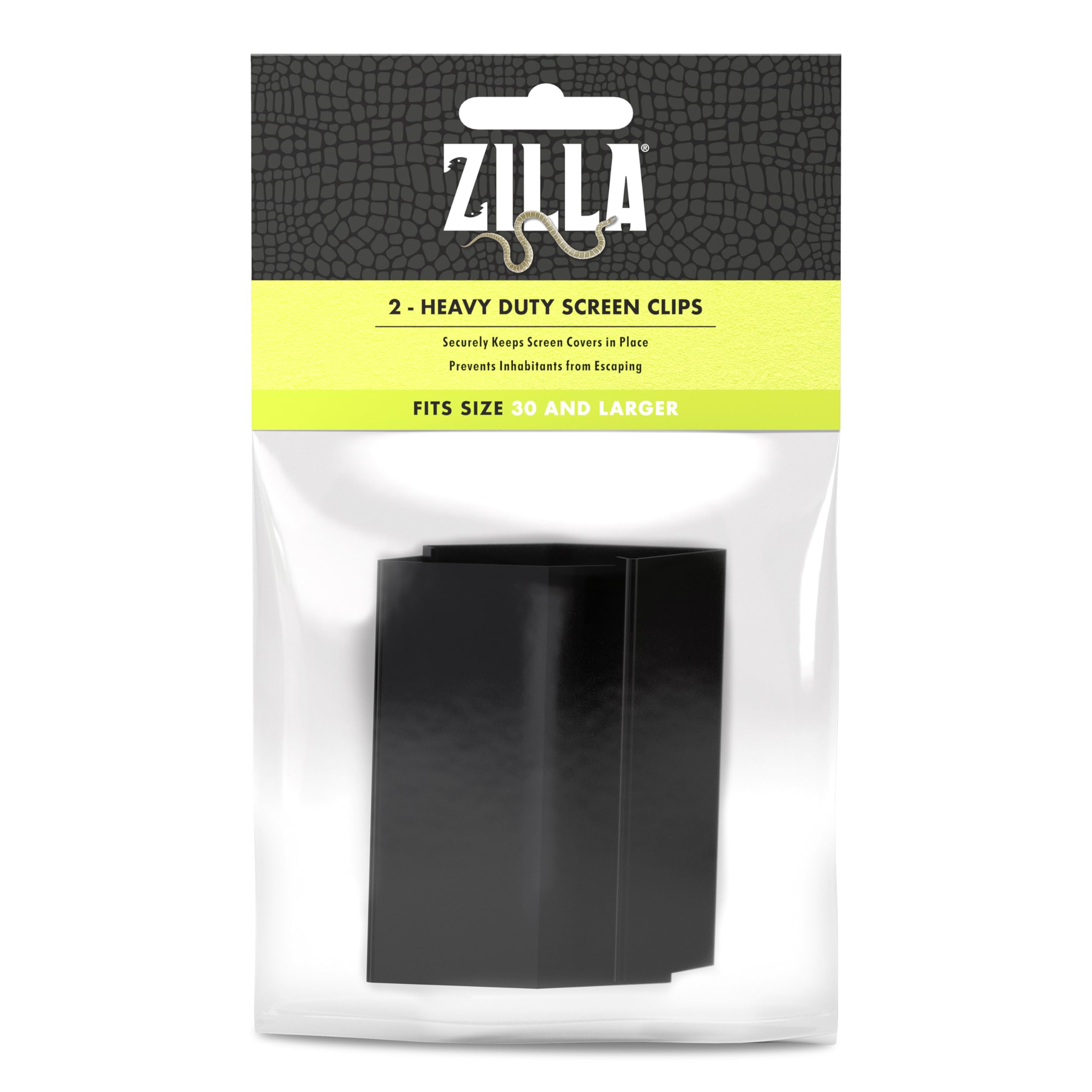 Clips Zilla robustes fixant le couvre-écran sur le terrarium, en haut pour sécurité.