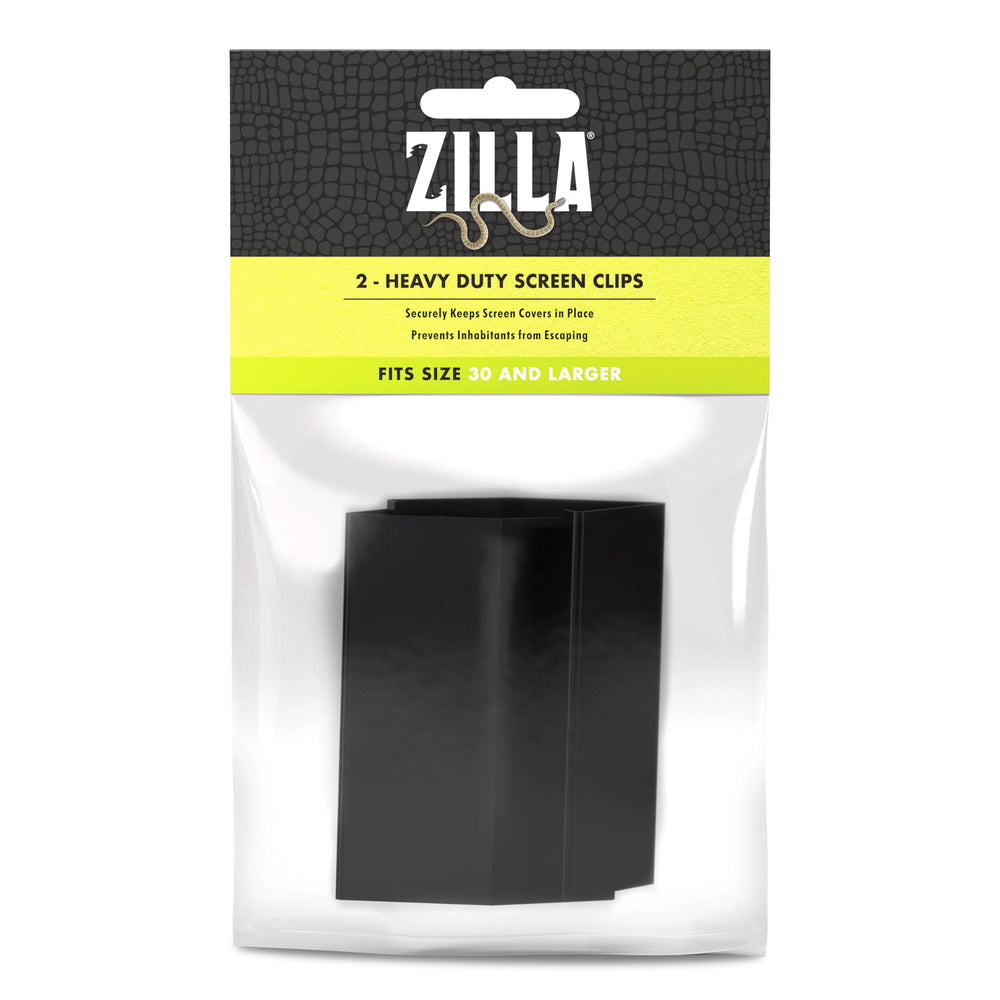Clips Zilla robustes fixant le couvre-écran sur le terrarium, en haut pour sécurité.