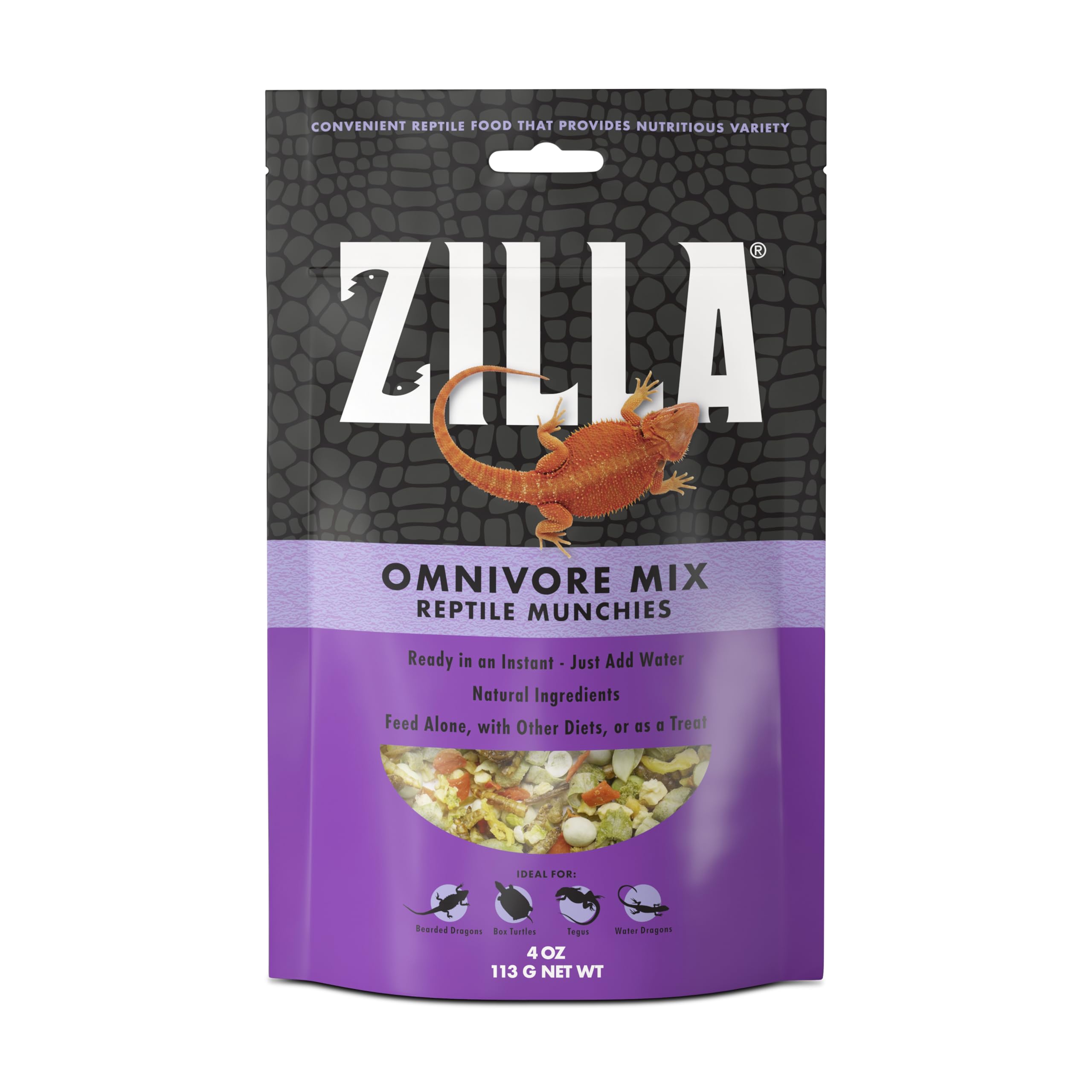 Emballage Zilla Reptile Munchies Omnivore Mix, pratique et stockable.
